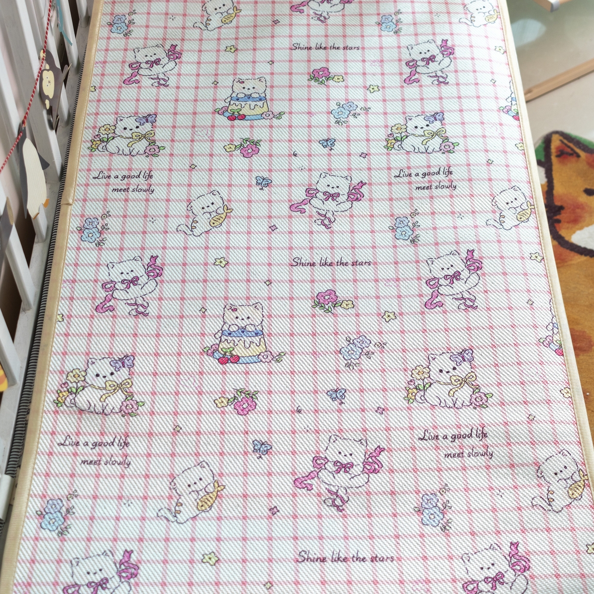 91家纺网 家纺一手货源 找家纺 欣宜家纺 2025新款可爱卡通儿童冰藤席 丝带猫咪