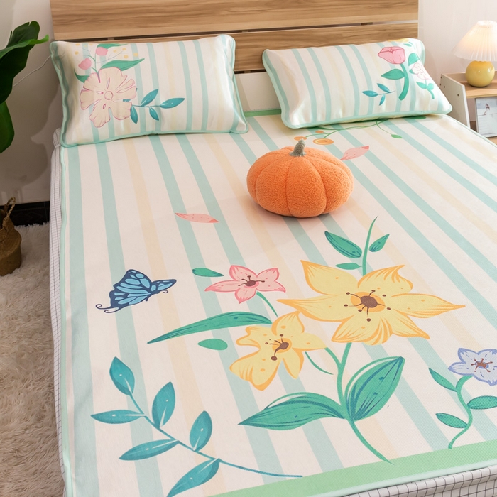 91家纺网 家纺一手货源 找家纺 欣宜家纺 2025新款母婴级夏季新款小清新数码印花凉感冰丝席三件套空调席（有质检报告） 春意-绿