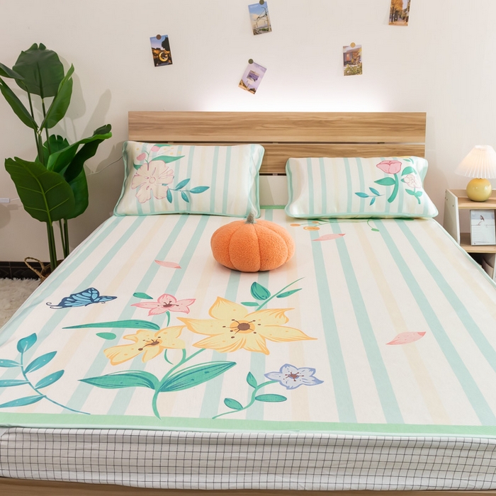 91家纺网 家纺一手货源 找家纺 欣宜家纺 2025新款母婴级夏季新款小清新数码印花凉感冰丝席三件套空调席（有质检报告） 春意-绿