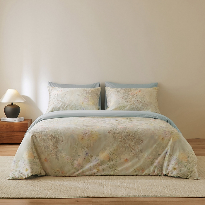 91家纺网 家纺一手货源 找家纺 欣宜家纺 2025新款60支长绒棉数码印花系列四件套 仟云灰