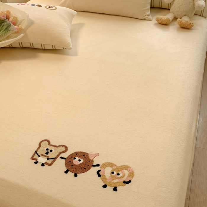 91家纺网 家纺一手货源 找家纺 欣宜家纺 2025新款高克重毛巾绣花卡通ins风牛奶绒奶油条纹单床笠 奶油黄