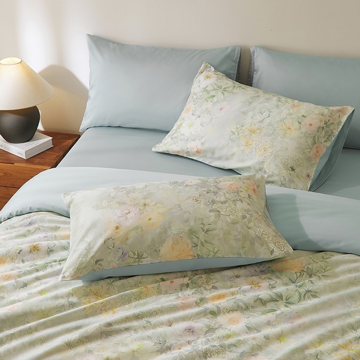 91家纺网 家纺一手货源 找家纺 欣宜家纺 2025新款60支长绒棉数码印花系列四件套 仟云绿