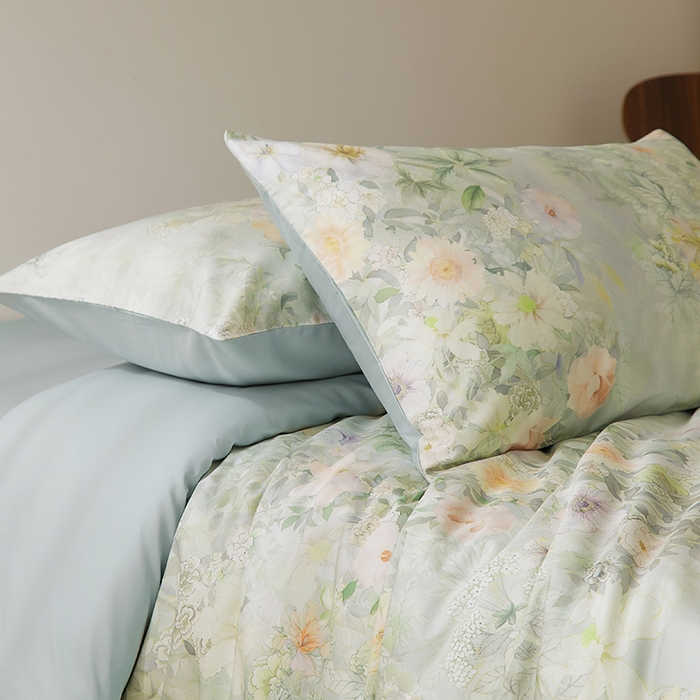 91家纺网 家纺一手货源 找家纺 欣宜家纺 2025新款60支长绒棉数码印花系列四件套 仟云绿