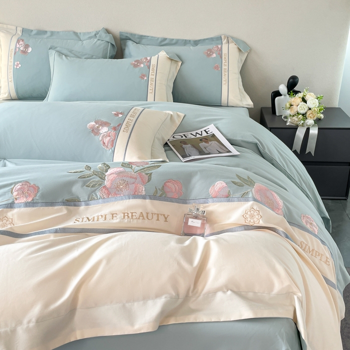 91家纺网 家纺一手货源 找家纺 欣宜家纺 2025新款纯棉全棉长绒棉磨毛不掉毛四件套高端礼盒-半亩花田系列 飘蓝