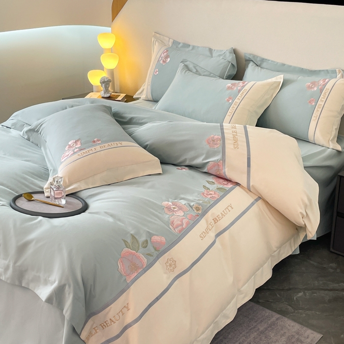 91家纺网 家纺一手货源 找家纺 欣宜家纺 2025新款纯棉全棉长绒棉磨毛不掉毛四件套高端礼盒-半亩花田系列 飘蓝