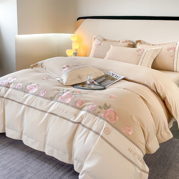 91家纺网 家纺一手货源 找家纺 欣宜家纺 2025新款纯棉全棉长绒棉磨毛不掉毛四件套高端礼盒-半亩花田系列 香槟