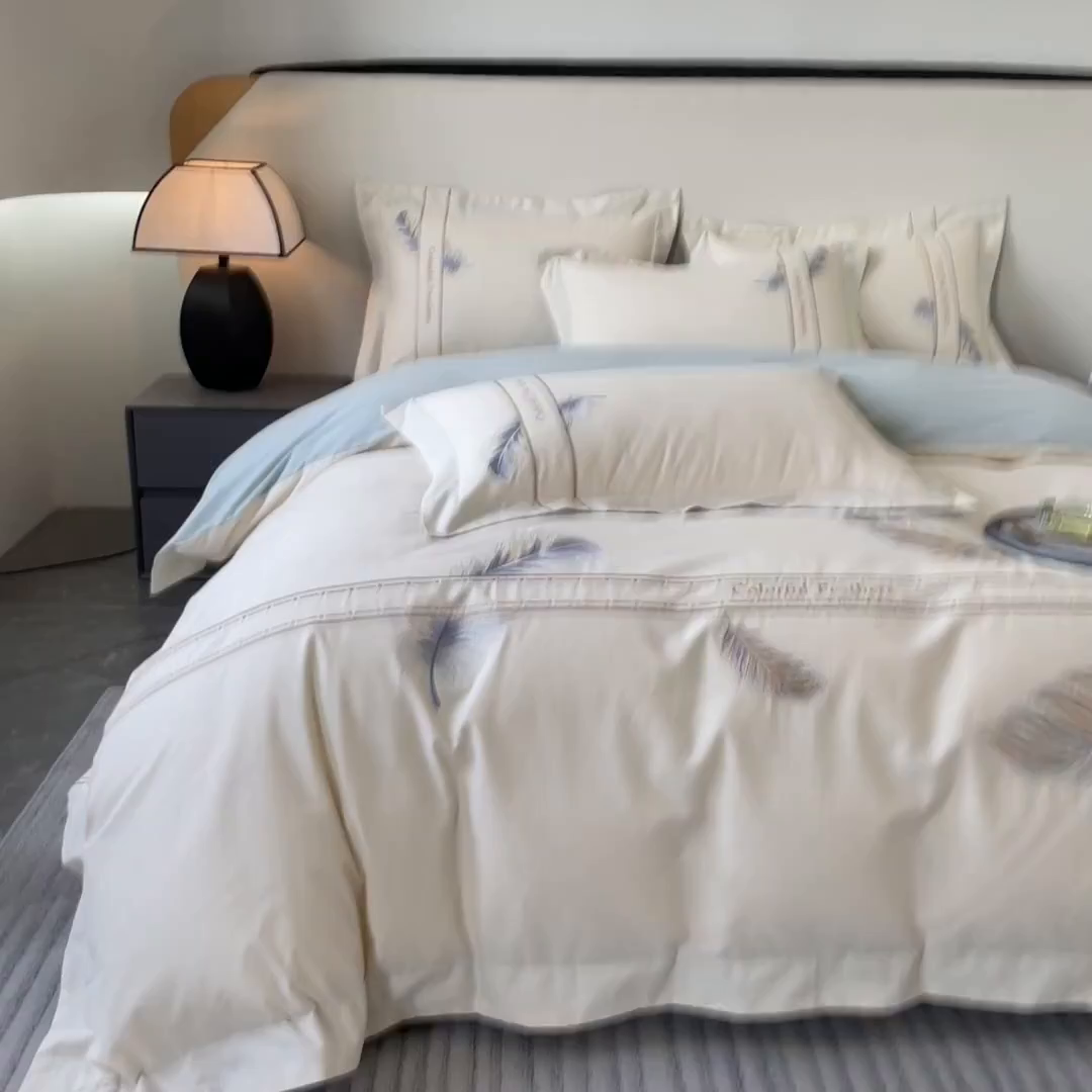 91家纺网 家纺一手货源 找家纺 欣宜家纺 2025新款纯棉全棉长绒棉磨毛不掉毛高端四件套羽翼系列带礼盒 白兰