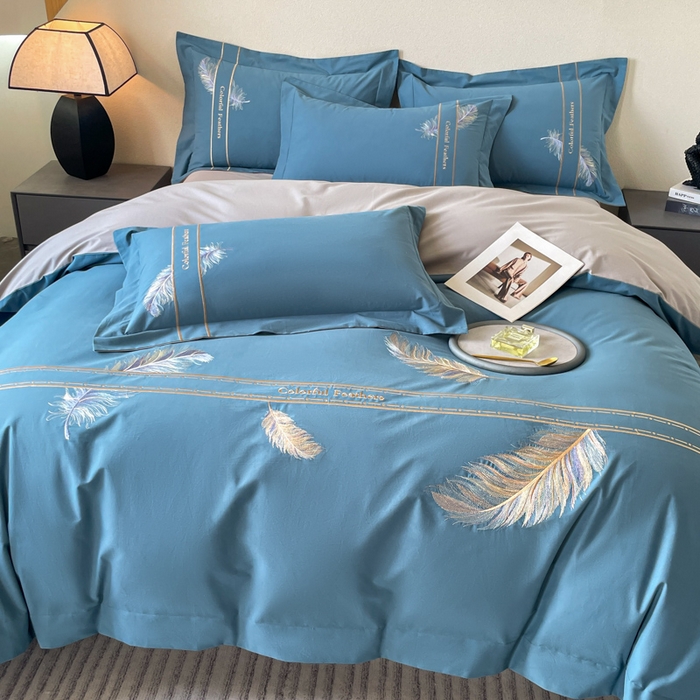 91家纺网 家纺一手货源 找家纺 欣宜家纺 2025新款纯棉全棉长绒棉磨毛不掉毛高端四件套羽翼系列带礼盒 宾利蓝