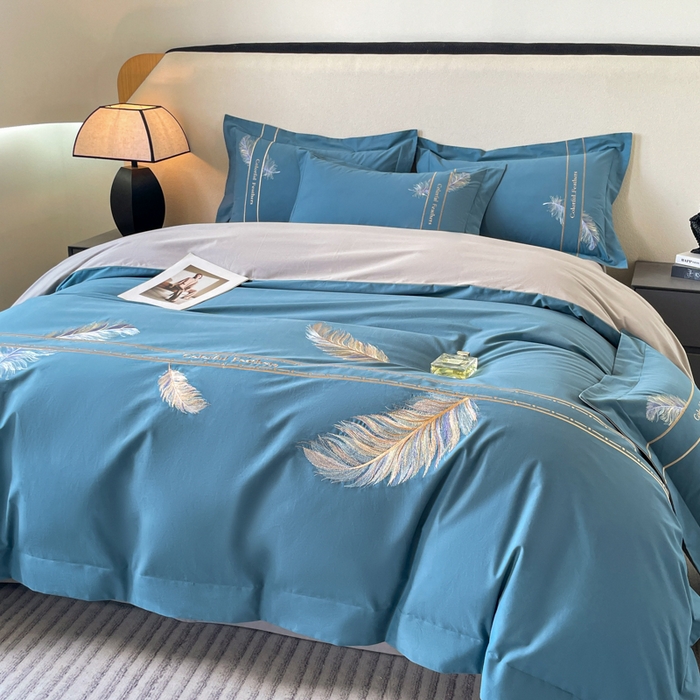 91家纺网 家纺一手货源 找家纺 欣宜家纺 2025新款纯棉全棉长绒棉磨毛不掉毛高端四件套羽翼系列带礼盒 宾利蓝