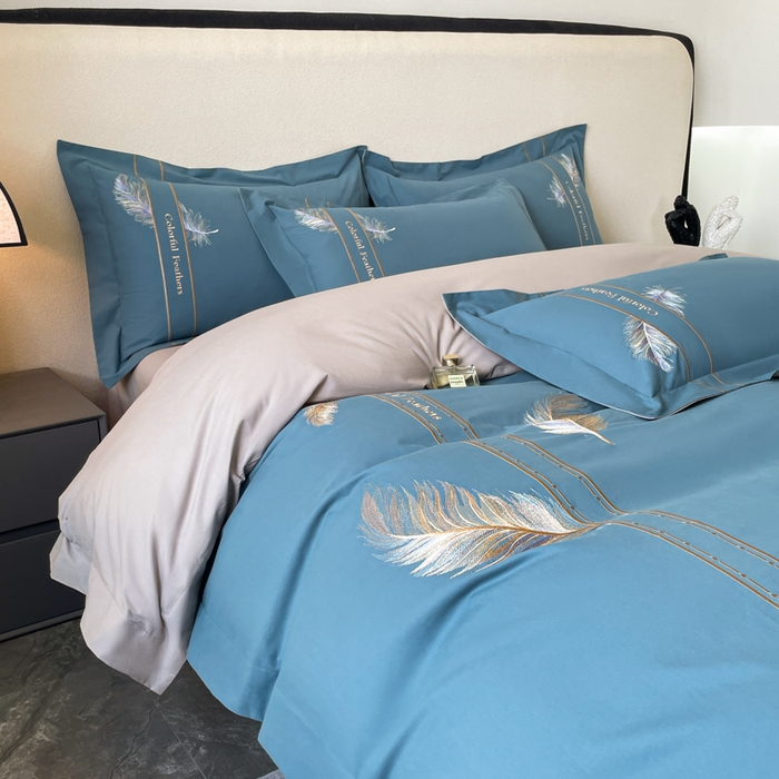 91家纺网 家纺一手货源 找家纺 欣宜家纺 2025新款纯棉全棉长绒棉磨毛不掉毛高端四件套羽翼系列带礼盒 宾利蓝