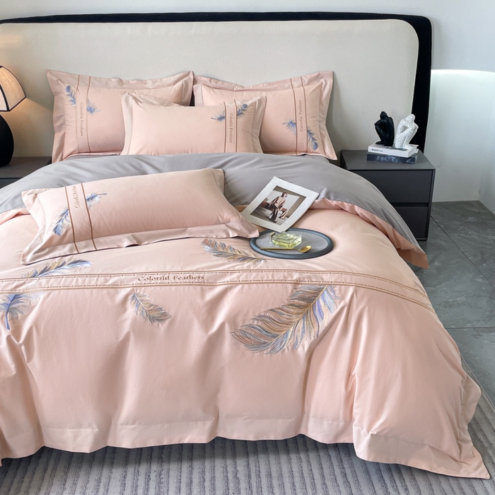 91家纺网 家纺一手货源 找家纺 欣宜家纺 2025新款纯棉全棉长绒棉磨毛不掉毛高端四件套羽翼系列带礼盒 豆沙粉