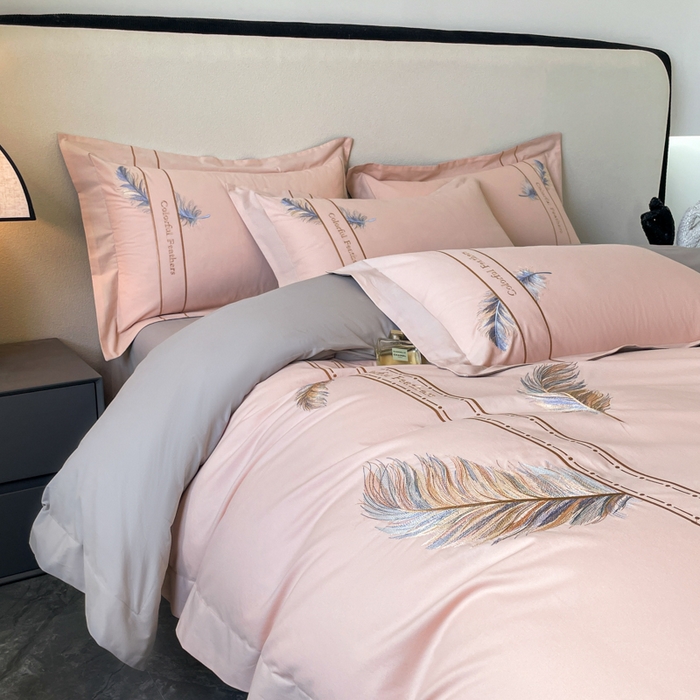 91家纺网 家纺一手货源 找家纺 欣宜家纺 2025新款纯棉全棉长绒棉磨毛不掉毛高端四件套羽翼系列带礼盒 豆沙粉