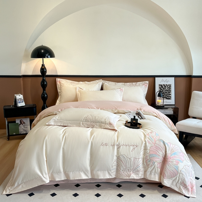 91家纺网 家纺一手货源 找家纺 欣宜家纺 2025新款纯棉全棉长绒棉磨毛四件套华尔兹系列 华尔兹-奶昔白