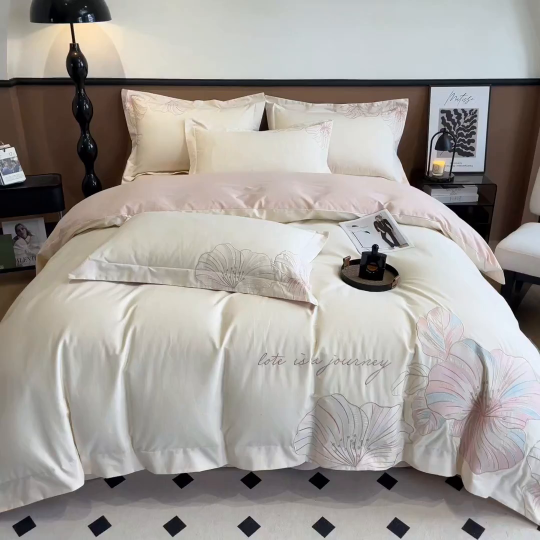 91家纺网 家纺一手货源 找家纺 欣宜家纺 2025新款纯棉全棉长绒棉磨毛四件套华尔兹系列 华尔兹-奶昔白