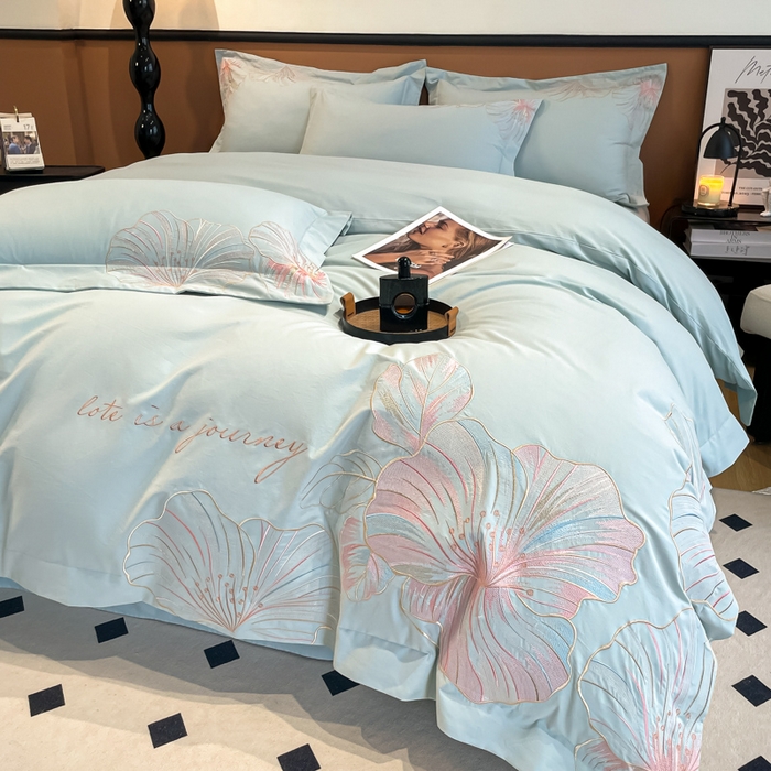 91家纺网 家纺一手货源 找家纺 欣宜家纺 2025新款纯棉全棉长绒棉磨毛四件套华尔兹系列 华尔兹-飘蓝