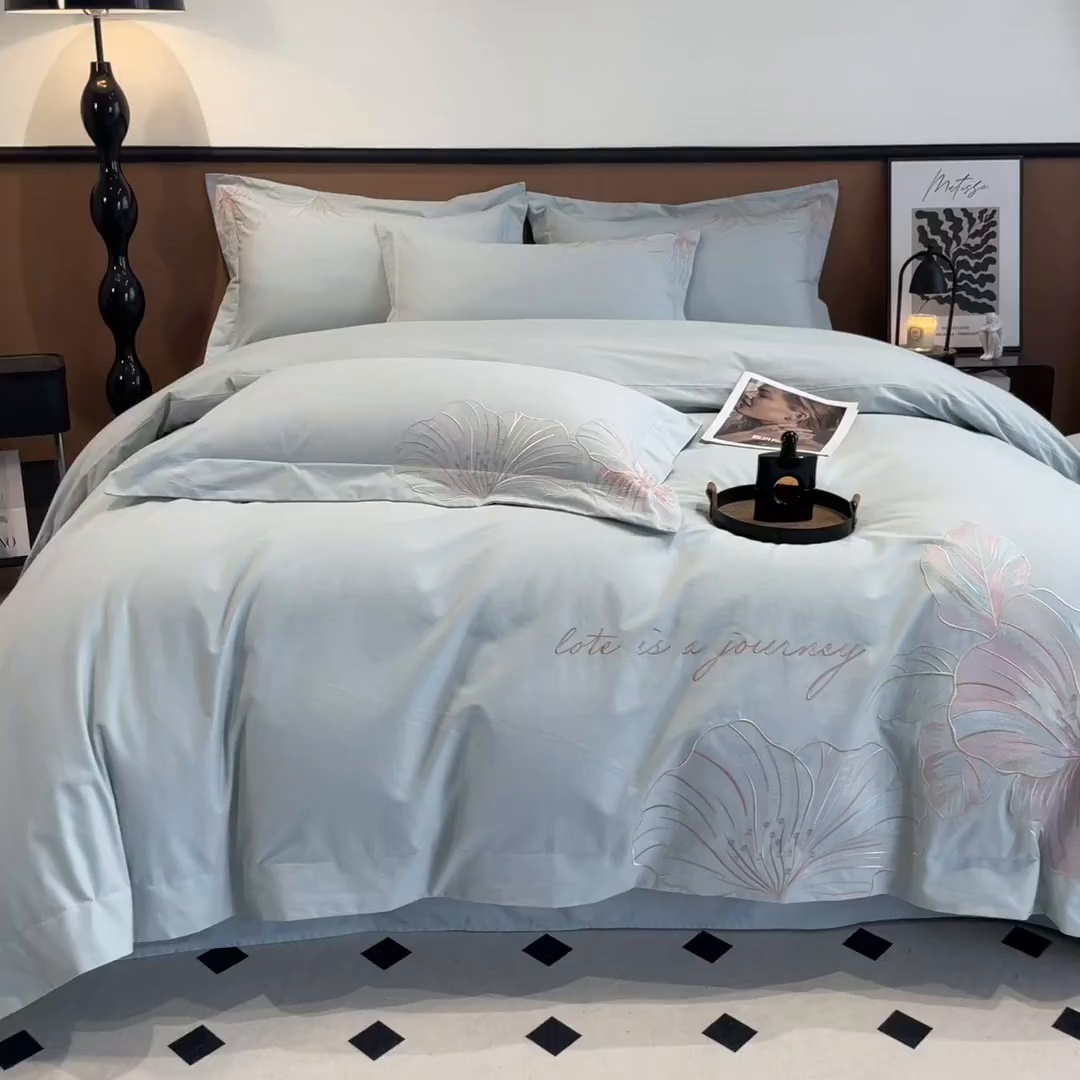 91家纺网 家纺一手货源 找家纺 欣宜家纺 2025新款纯棉全棉长绒棉磨毛四件套华尔兹系列 华尔兹-飘蓝