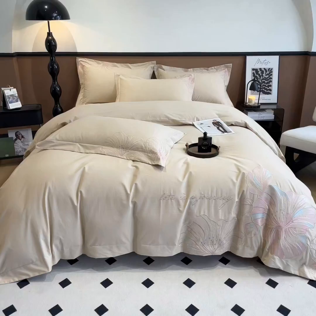 91家纺网 家纺一手货源 找家纺 欣宜家纺 2025新款纯棉全棉长绒棉磨毛四件套华尔兹系列 华尔兹-香槟