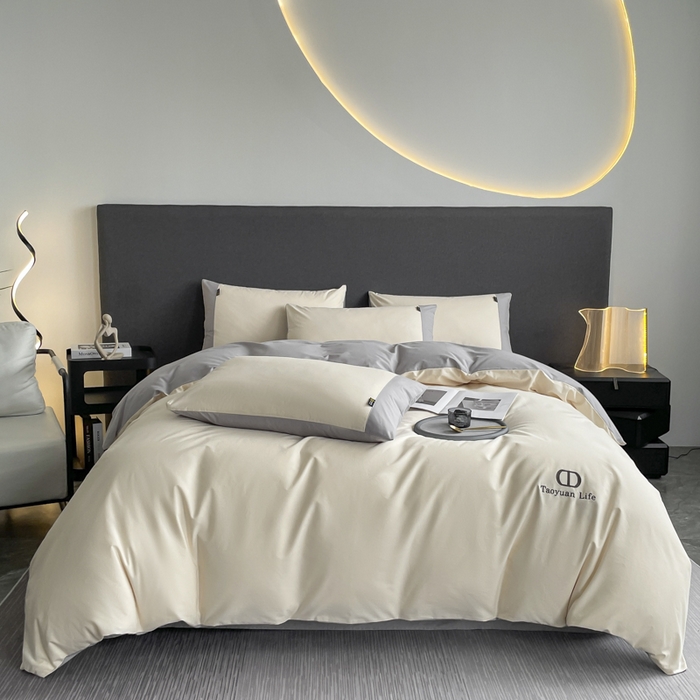 91家纺网 家纺一手货源 找家纺 欣宜家纺 2025新款纯棉全棉长绒棉磨毛刺绣绣花四件套 莫兰迪-白灰