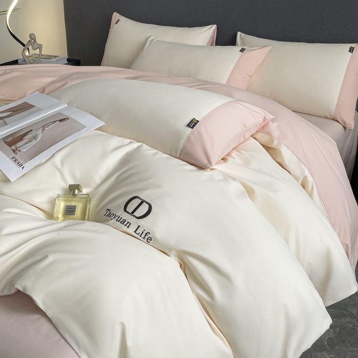 91家纺网 家纺一手货源 找家纺 欣宜家纺 2025新款纯棉全棉长绒棉磨毛刺绣绣花四件套 莫兰迪-白粉