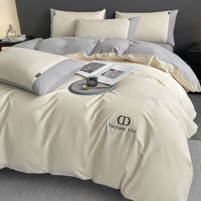 91家纺网 家纺一手货源 找家纺 欣宜家纺 2025新款纯棉全棉长绒棉磨毛刺绣绣花四件套 莫兰迪-白灰