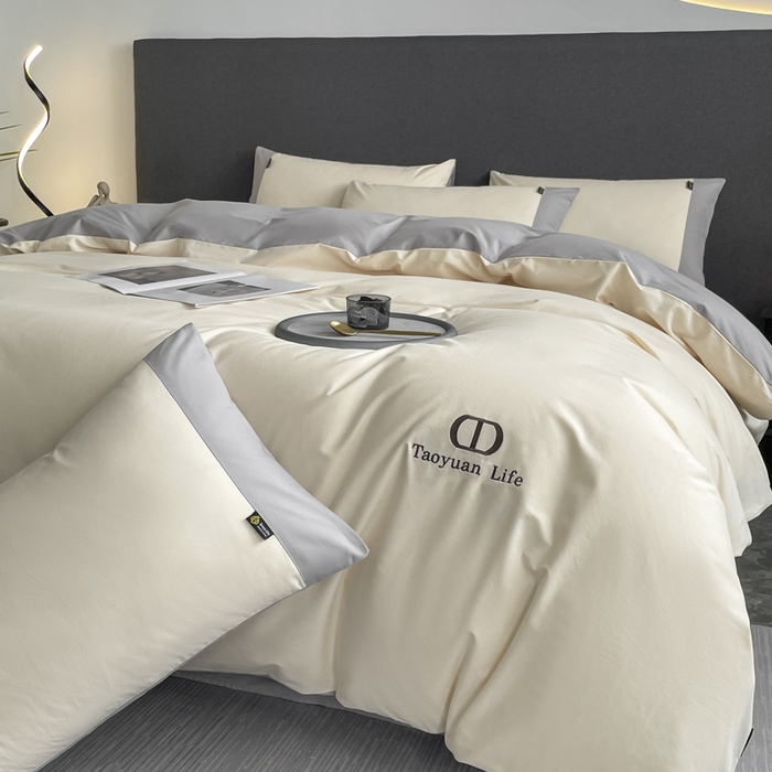 91家纺网 家纺一手货源 找家纺 欣宜家纺 2025新款纯棉全棉长绒棉磨毛刺绣绣花四件套 莫兰迪-白灰