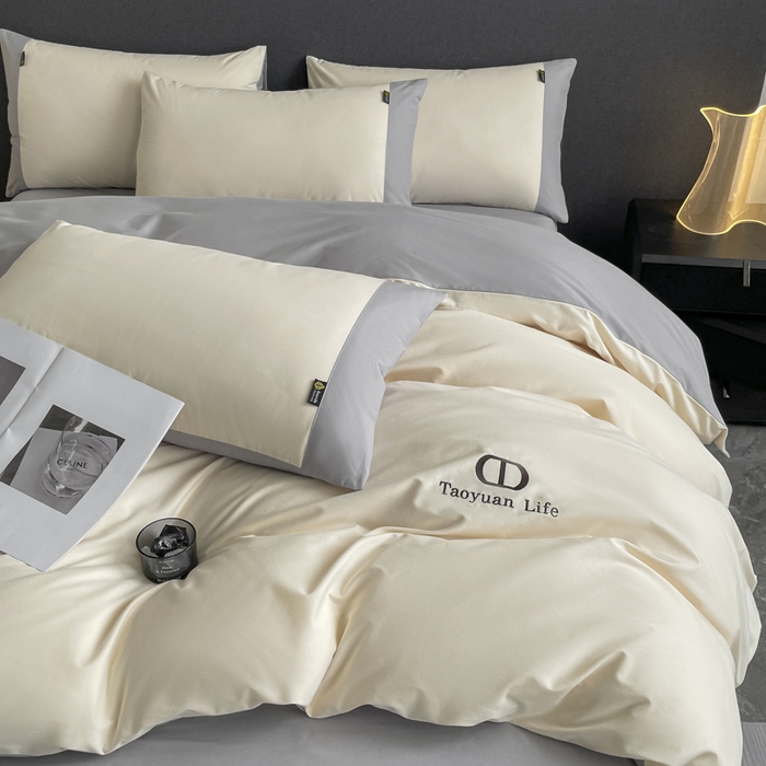 91家纺网 家纺一手货源 找家纺 欣宜家纺 2025新款纯棉全棉长绒棉磨毛刺绣绣花四件套 莫兰迪-白灰