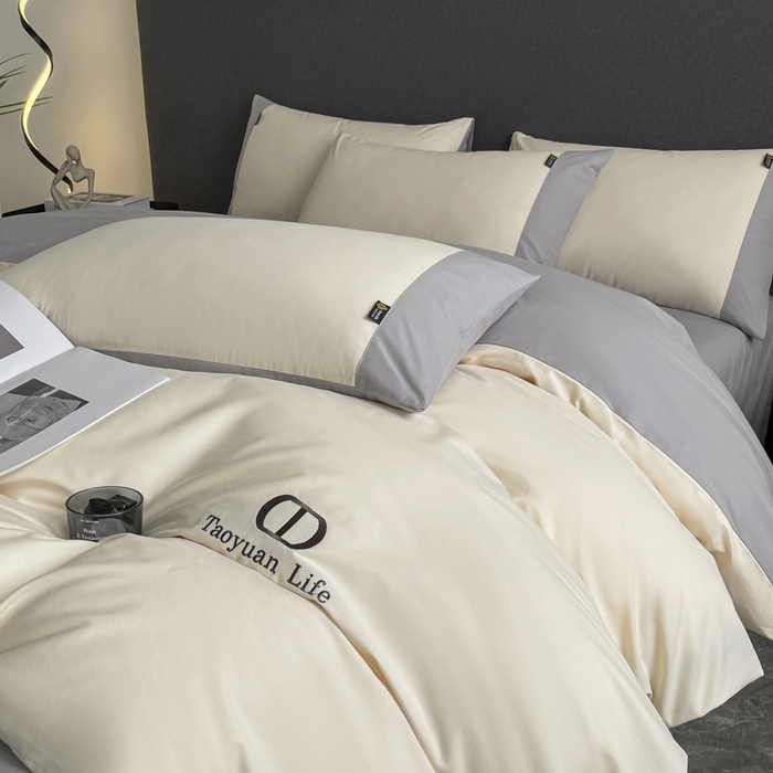 91家纺网 家纺一手货源 找家纺 欣宜家纺 2025新款纯棉全棉长绒棉磨毛刺绣绣花四件套 莫兰迪-白灰