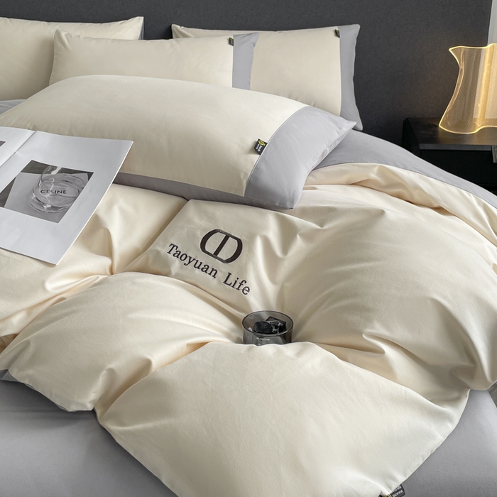 91家纺网 家纺一手货源 找家纺 欣宜家纺 2025新款纯棉全棉长绒棉磨毛刺绣绣花四件套 莫兰迪-白灰