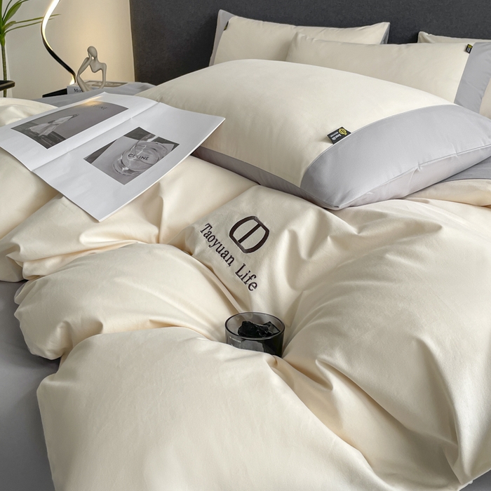 91家纺网 家纺一手货源 找家纺 欣宜家纺 2025新款纯棉全棉长绒棉磨毛刺绣绣花四件套 莫兰迪-白灰