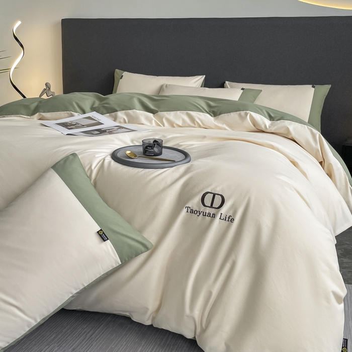 91家纺网 家纺一手货源 找家纺 欣宜家纺 2025新款纯棉全棉长绒棉磨毛刺绣绣花四件套 莫兰迪-白绿