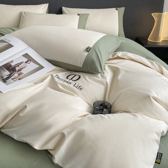 91家纺网 家纺一手货源 找家纺 欣宜家纺 2025新款纯棉全棉长绒棉磨毛刺绣绣花四件套 莫兰迪-白绿