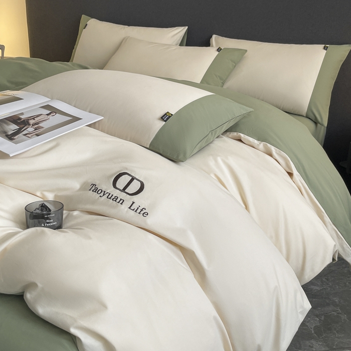 91家纺网 家纺一手货源 找家纺 欣宜家纺 2025新款纯棉全棉长绒棉磨毛刺绣绣花四件套 莫兰迪-白绿