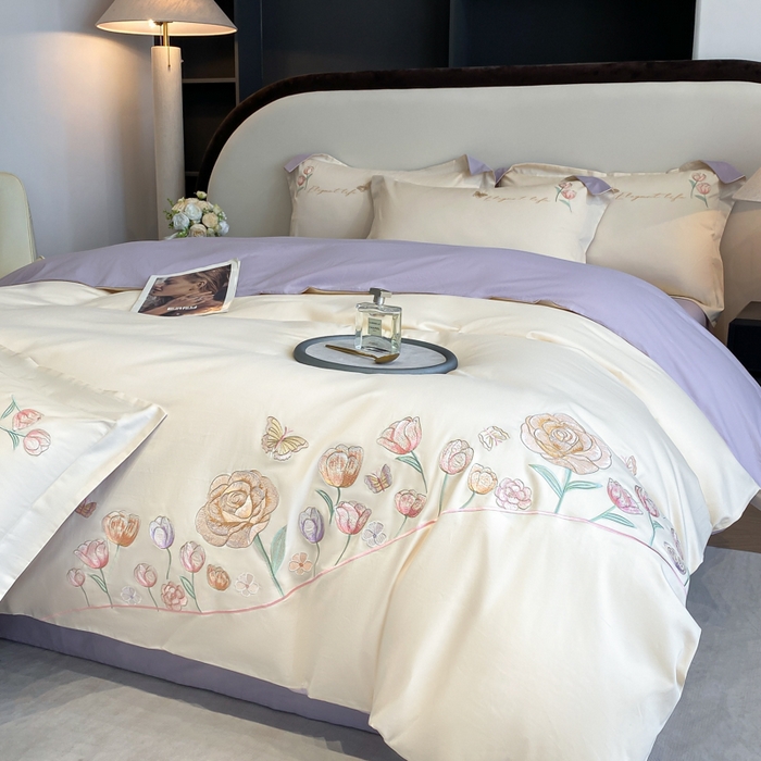 91家纺网 家纺一手货源 找家纺 欣宜家纺 2025新款纯棉全棉长绒棉刺绣绣花高端礼盒初暖系列四件套 白紫色