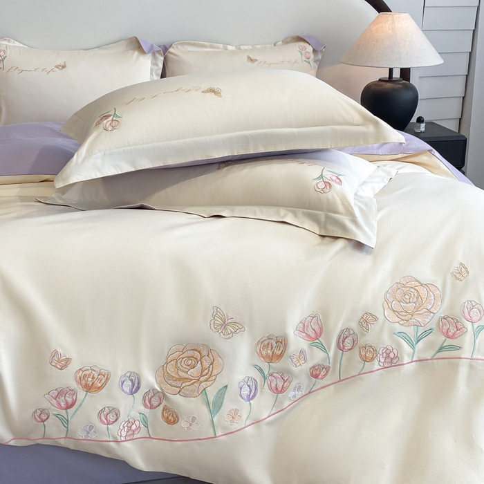 91家纺网 家纺一手货源 找家纺 欣宜家纺 2025新款纯棉全棉长绒棉刺绣绣花高端礼盒初暖系列四件套 白紫色