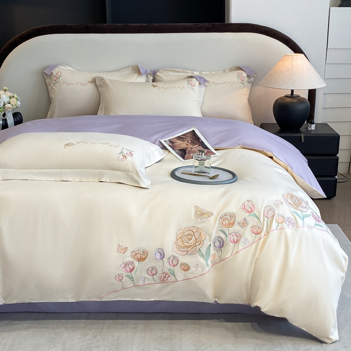 91家纺网 家纺一手货源 找家纺 欣宜家纺 2025新款纯棉全棉长绒棉刺绣绣花高端礼盒初暖系列四件套 白紫色