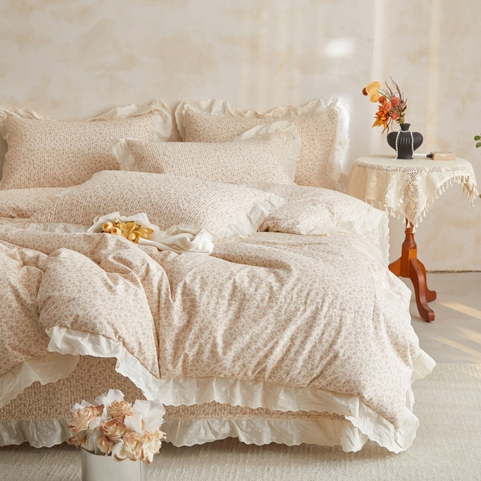 源舜家纺 2026新款全棉镂空花边天丝棉麻床盖款四件套 繁华时光