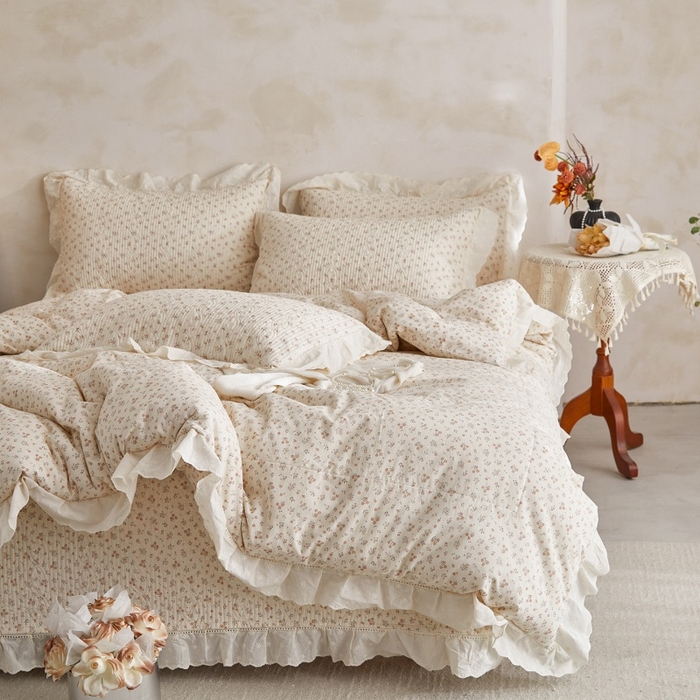 源舜家纺 2026新款全棉镂空花边天丝棉麻床盖款四件套 花田半亩