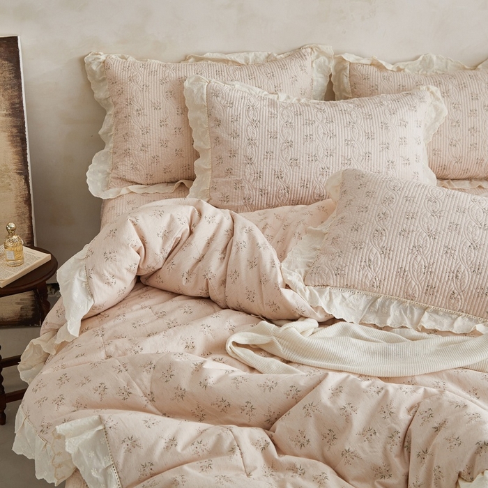 91家纺网 家纺一手货源 找家纺 源舜家纺 2026新款全棉镂空花边天丝棉麻床盖款四件套 花语禾