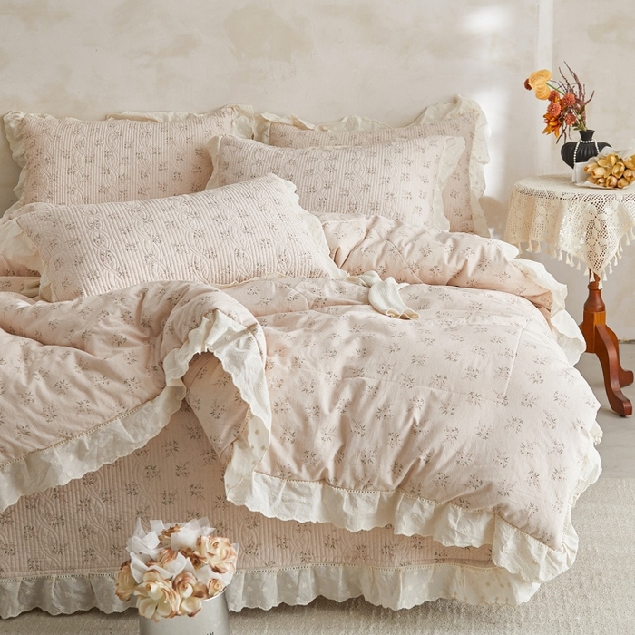 源舜家纺 2026新款全棉镂空花边天丝棉麻床盖款四件套 花语禾