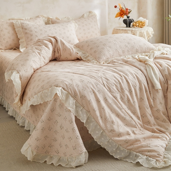 91家纺网 家纺一手货源 找家纺 源舜家纺 2026新款全棉镂空花边天丝棉麻床盖款四件套 花语禾