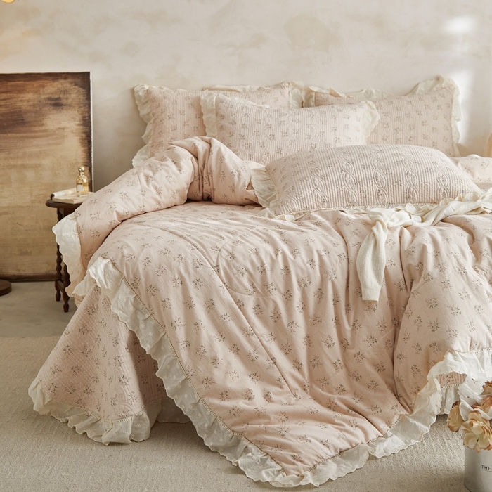 91家纺网 家纺一手货源 找家纺 源舜家纺 2026新款全棉镂空花边天丝棉麻床盖款四件套 花语禾