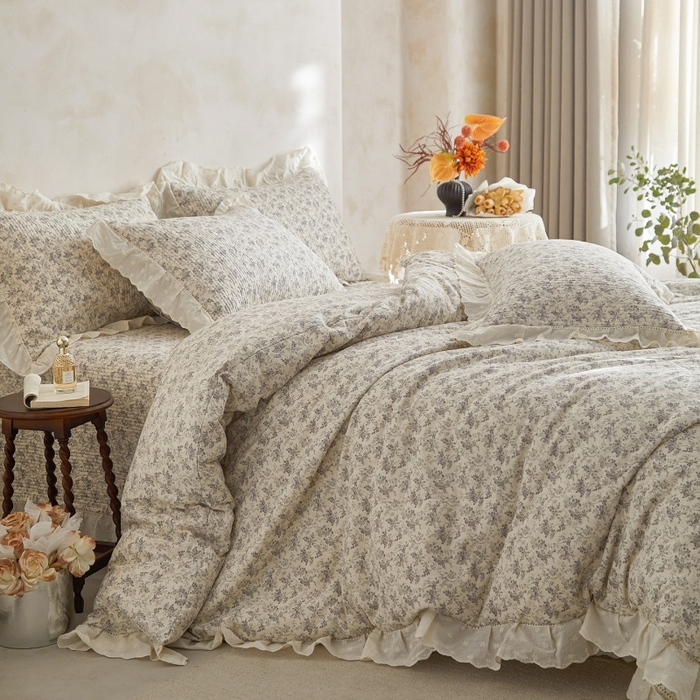 91家纺网 家纺一手货源 找家纺 源舜家纺 2026新款全棉镂空花边天丝棉麻床盖款四件套 闲庭赋-灰
