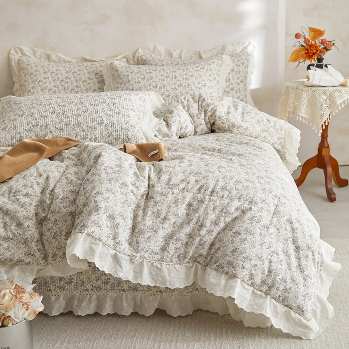 源舜家纺 2026新款全棉镂空花边天丝棉麻床盖款四件套 闲庭赋-灰