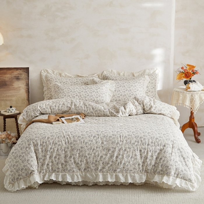 91家纺网 家纺一手货源 找家纺 源舜家纺 2026新款全棉镂空花边天丝棉麻床盖款四件套 闲庭赋-灰