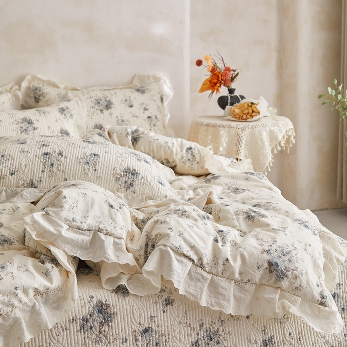 91家纺网 家纺一手货源 找家纺 源舜家纺 2026新款全棉镂空花边天丝棉麻床盖款四件套 心上玫瑰