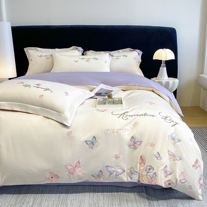 91家纺网 家纺一手货源 找家纺 欣宜家纺 2025新款纯棉全棉长绒棉刺绣绣花高端礼盒蝶梦园系列四件套 白紫