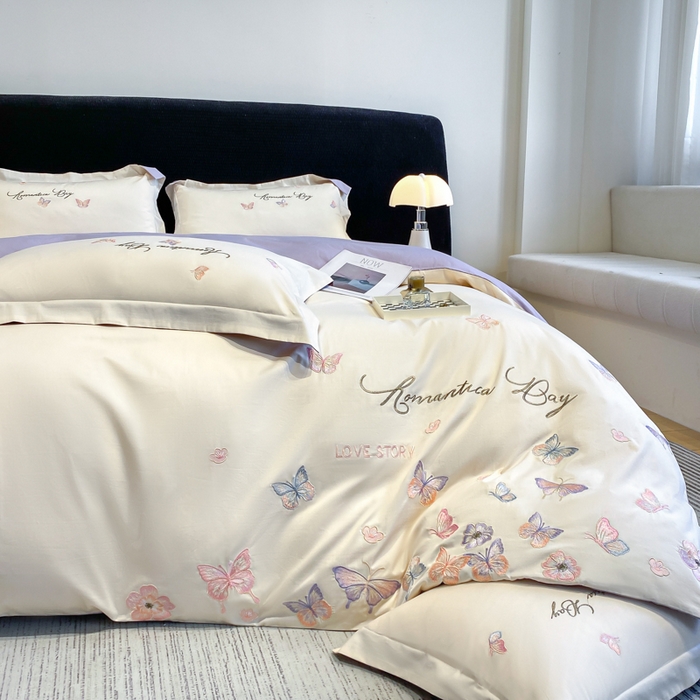 91家纺网 家纺一手货源 找家纺 欣宜家纺 2025新款纯棉全棉长绒棉刺绣绣花高端礼盒蝶梦园系列四件套 白紫