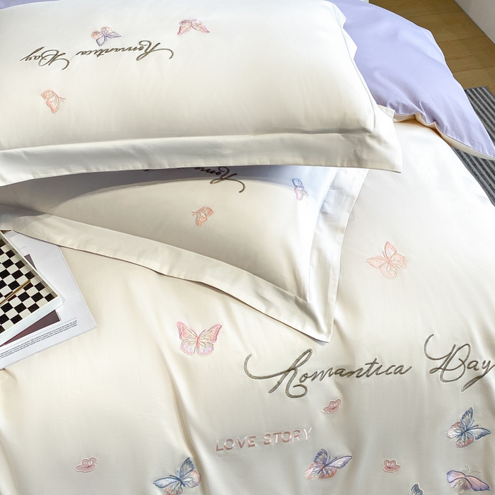 91家纺网 家纺一手货源 找家纺 欣宜家纺 2025新款纯棉全棉长绒棉刺绣绣花高端礼盒蝶梦园系列四件套 白紫