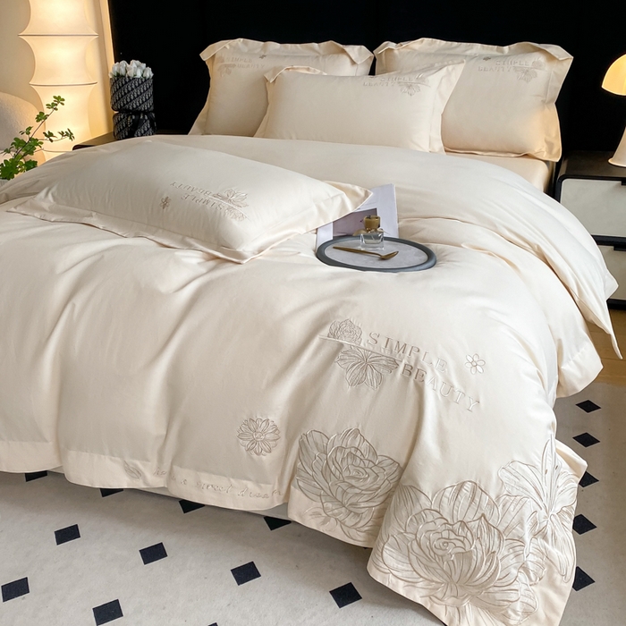 91家纺网 家纺一手货源 找家纺 欣宜家纺 2025新款纯棉全棉长绒棉磨毛不掉毛刺绣绣花四件套-赫尔系列 奶昔白