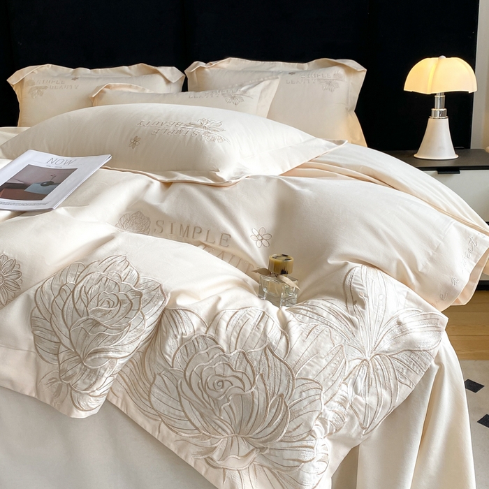 91家纺网 家纺一手货源 找家纺 欣宜家纺 2025新款纯棉全棉长绒棉磨毛不掉毛刺绣绣花四件套-赫尔系列 奶昔白